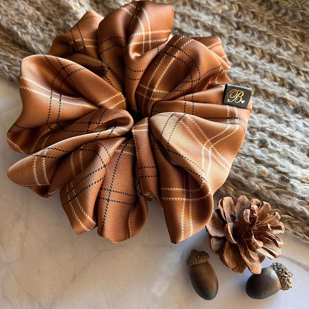 Satin Scrunchie in Mocha Plaid