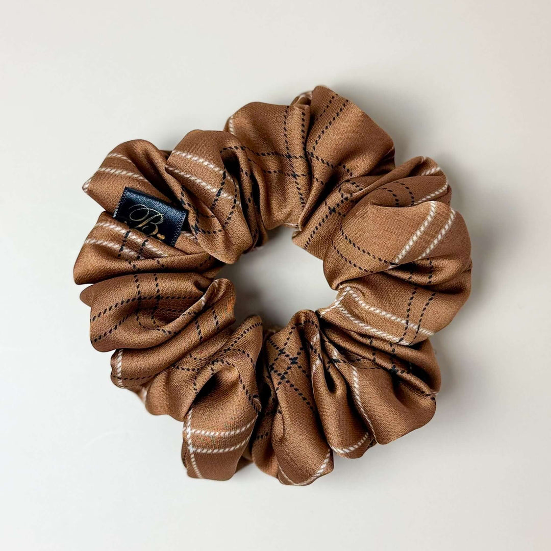 Satin Scrunchie in Mocha Plaid
