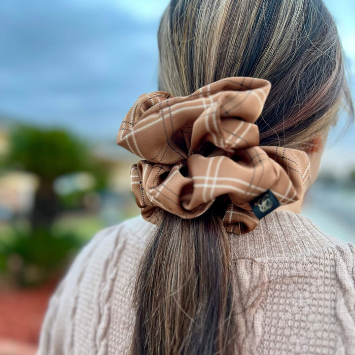 Satin Scrunchie in Mocha Plaid