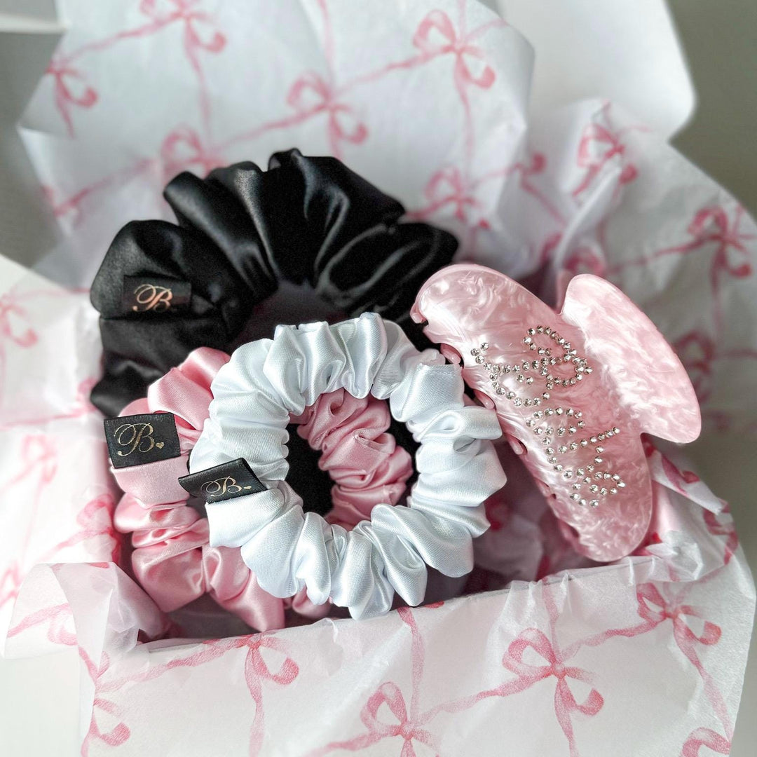 Pink Hair Claw & Satin Scrunchie Gift Hair Accessory Set for Women Bridesmaid Box Birthday Gift for Her Handmade Scrunchies Babe Claw Clip