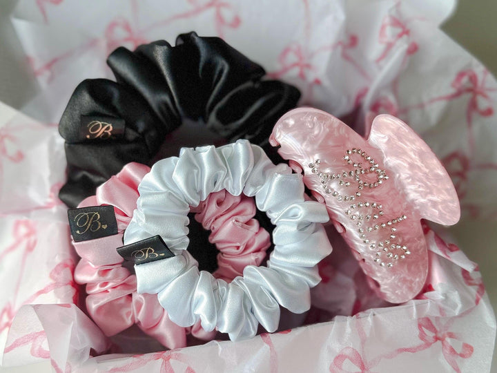 Pink Hair Claw & Satin Scrunchie Gift Hair Accessory Set for Women Bridesmaid Box Birthday Gift for Her Handmade Scrunchies Babe Claw Clip