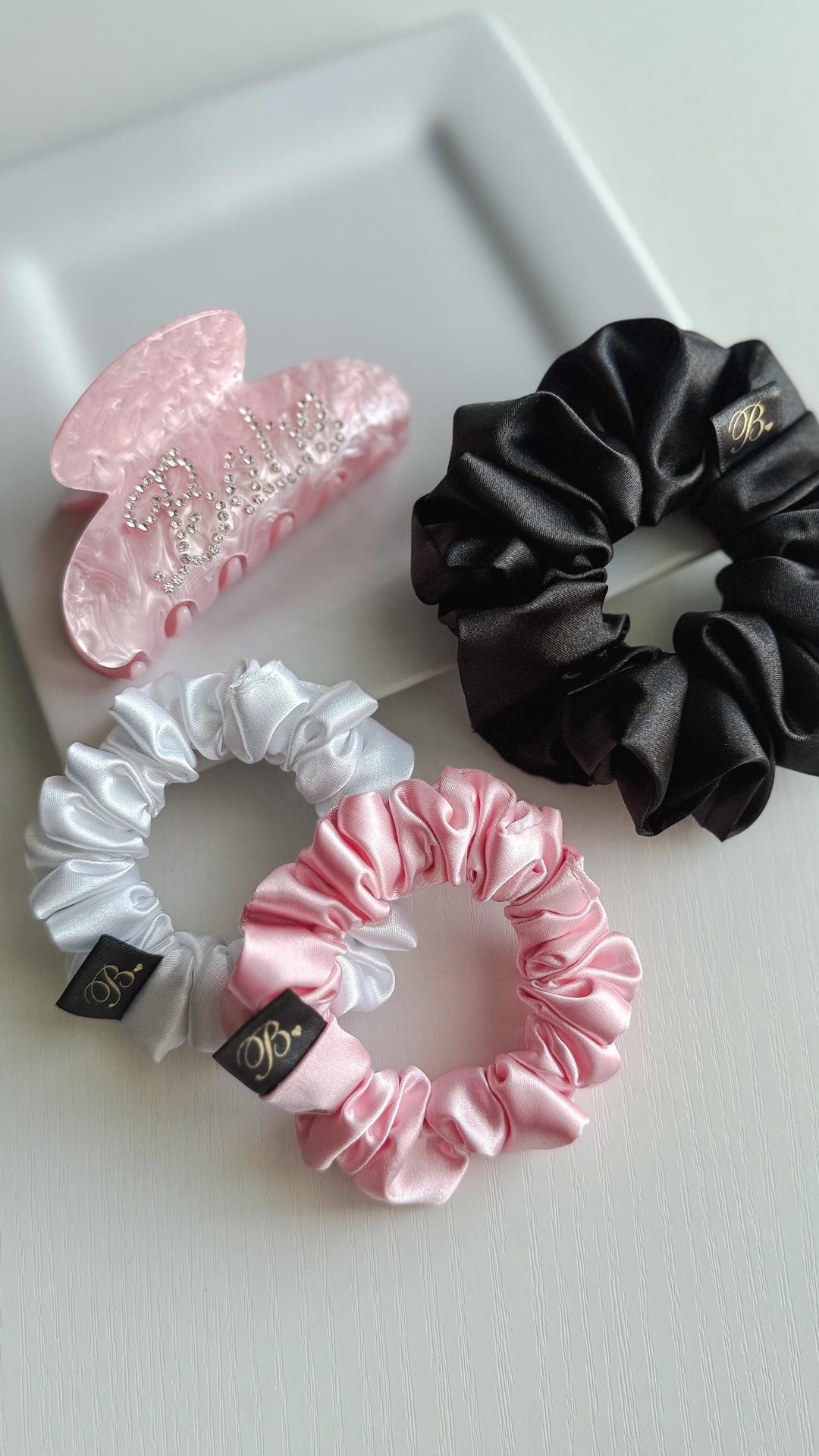 Pink Hair Claw & Satin Scrunchie Gift Hair Accessory Set for Women Bridesmaid Box Birthday Gift for Her Handmade Scrunchies Babe Claw Clip