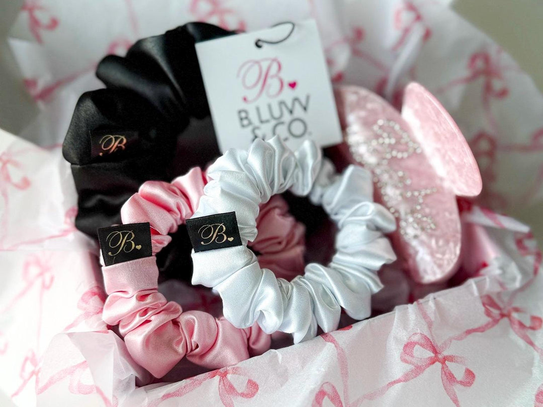 Pink Hair Claw & Satin Scrunchie Gift Hair Accessory Set for Women Bridesmaid Box Birthday Gift for Her Handmade Scrunchies Babe Claw Clip