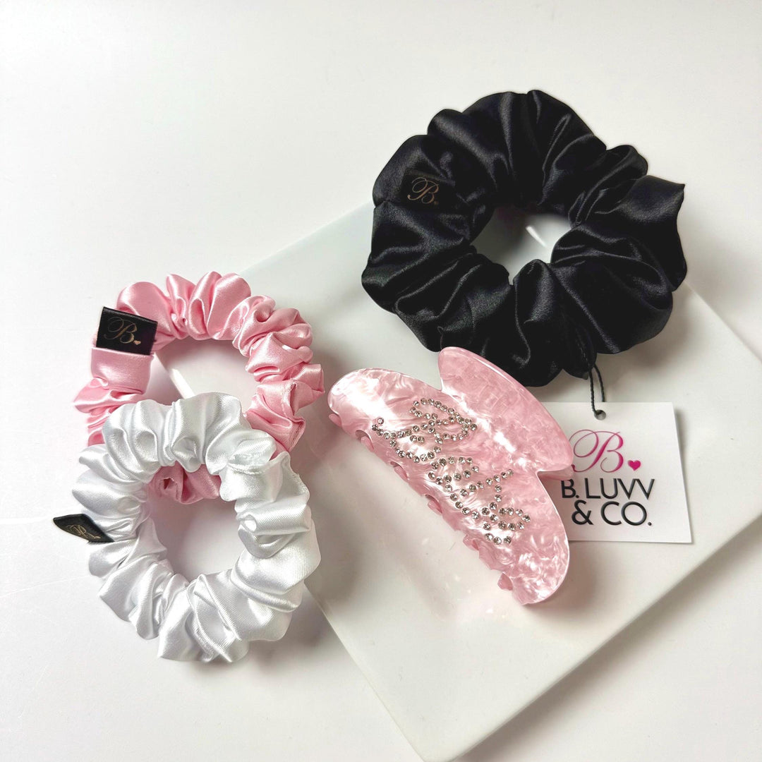Pink Hair Claw & Satin Scrunchie Gift Hair Accessory Set for Women Bridesmaid Box Birthday Gift for Her Handmade Scrunchies Babe Claw Clip