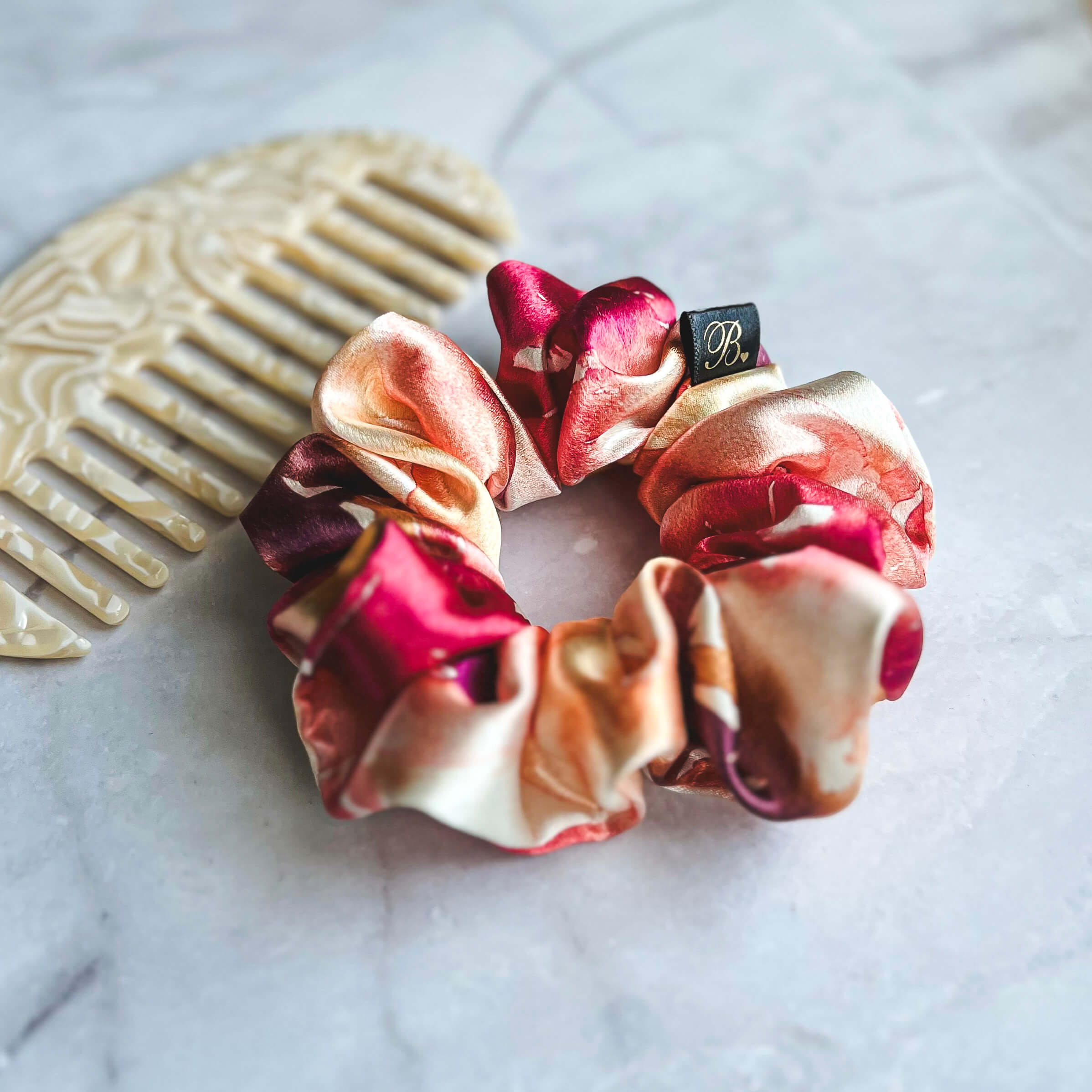 Silky Satin Scrunchies available in XL, Classic and Mini size. Handmade in California, USA by B. LUVV & CO.sic, and Mini size. Handmade 